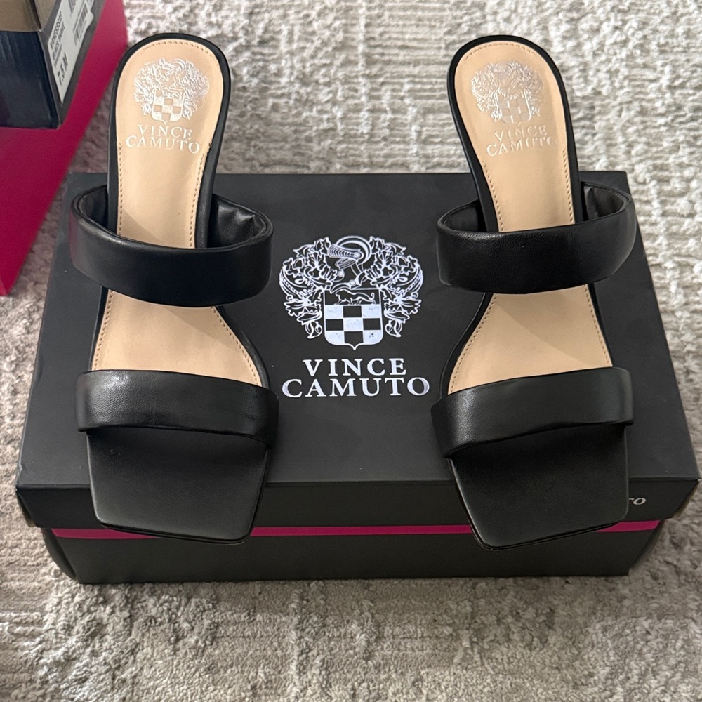 Vince Camuto Black Double-Strap Square-Toe Slide Mules